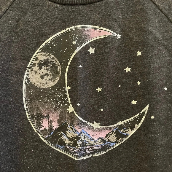 Junior’s gray pullover sweatshirt w/ universe space theme- moon, stars, Size L - Picture 2 of 4